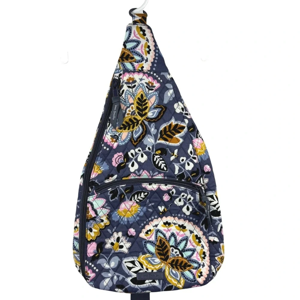 Vera Bradley Sling Backpack Women Navy Floral Quilted Cotton Boho Travel School
